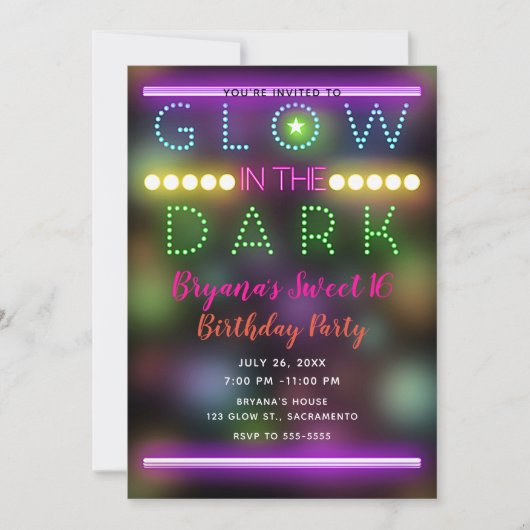 ダークネオンライトおもしろい誕生日パーティーで輝く 招待状 (正面)