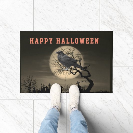 ダークハロウィン墓地と木の上のワタリガラス ドアマット (室内)