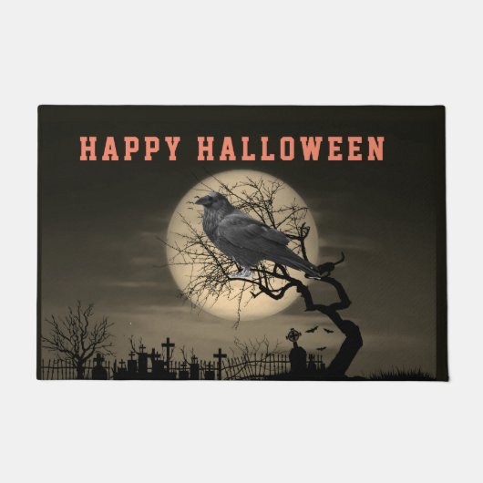 ダークハロウィーンの墓地と木の中のレイベン ドアマット (正面)