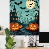 ダークハロウィーンの風景とこうもりとスパイダーウェブ ポスター (ホームオフィス)