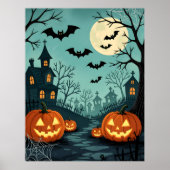 ダークハロウィーンの風景とこうもりとスパイダーウェブ ポスター (正面)