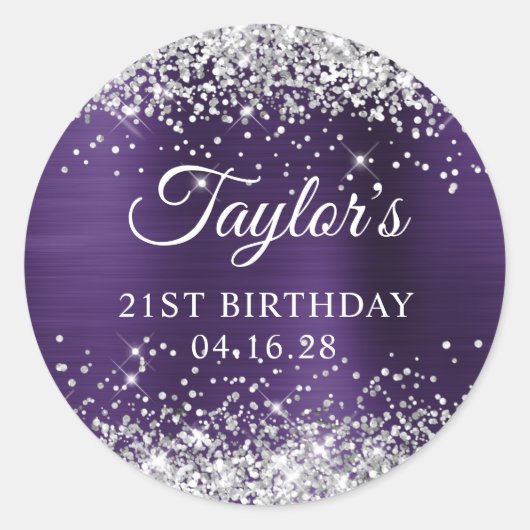 ダークバイオレットシルバーの輝く箔21歳の誕生日 ラウンドシール (正面)