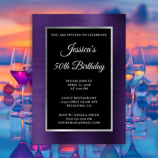 ダークバイオレットパープルシルバーフォイルブラック50誕生日 招待状