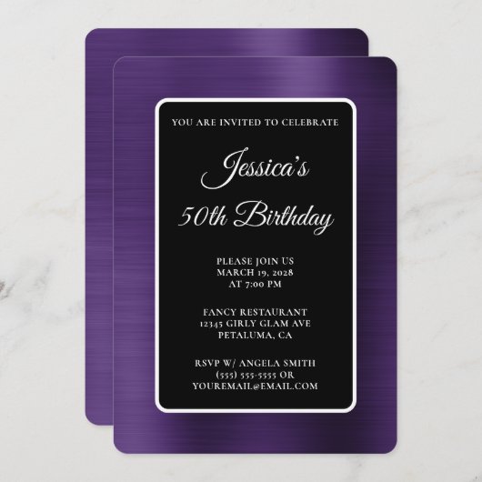 ダークバイオレットフォイルブラックとホワイト50誕生日 招待状 (正面/裏面)
