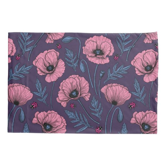 ダークバイオレット上のピンクのケシ 枕カバー (裏面-左)