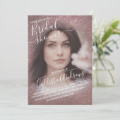 ダークバラ金ゴールドスパークリーグリッターフォトブライダルシャワー 招待状 (スタンド正面)