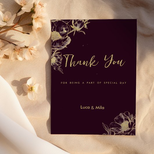 ダークバーガンディゴールドの芍薬の花のThank Youカード 招待状