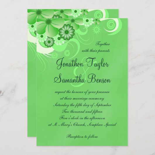 ダークパステルグリーンフローラ5x7結婚式招待状 招待状 (正面/裏面)