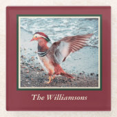 ダークパーソナライズされたレッドとグリーンマンダリンアヒル ガラスコースター (正面)