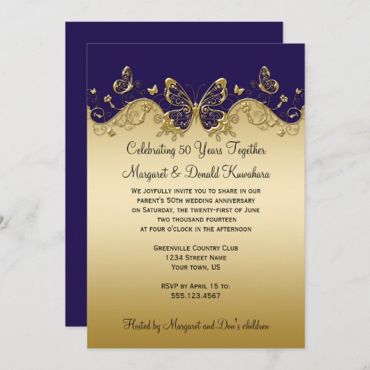 ダークパープルとゴールドの蝶 50周年記念 招待状 (正面/裏面)