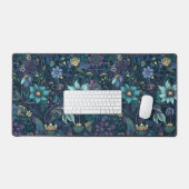 ダークパープルとティール(緑がかった色)フローラ パターン(の模様が)ある デスクマット (キーボード&マウス)
