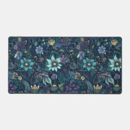 ダークパープルとティール（緑がかった色）フローラ パターン（の模様が）ある デスクマット