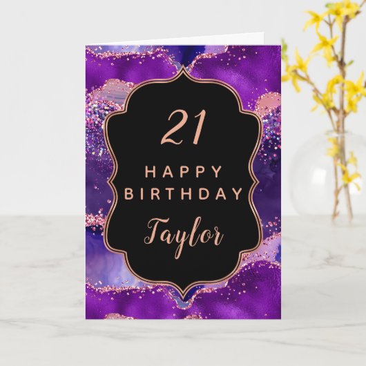 ダークパープルとピンクシークンズアゲートハッピーバースデー カード (黄色い花)
