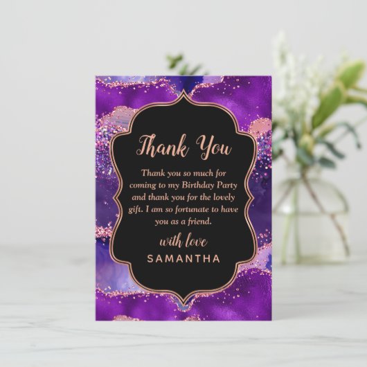 ダークパープルとピンクシークンズアゲート誕生日 サンキューカード (スタンド正面)