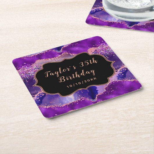 ダークパープルとピンクシークンズアゲート誕生日 スクエアペーパーコースター (アングル)