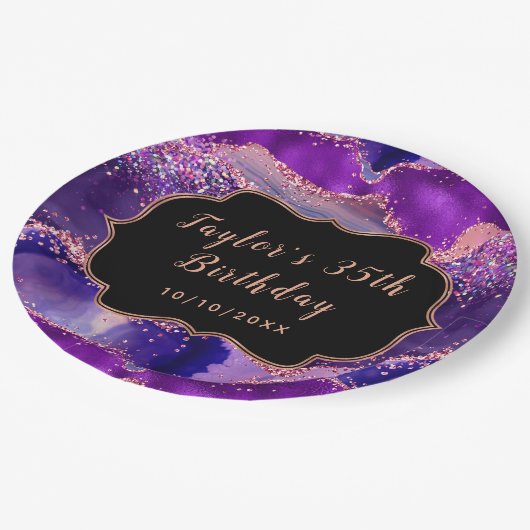 ダークパープルとピンクシークンズアゲート誕生日 ペーパープレート (アングル)