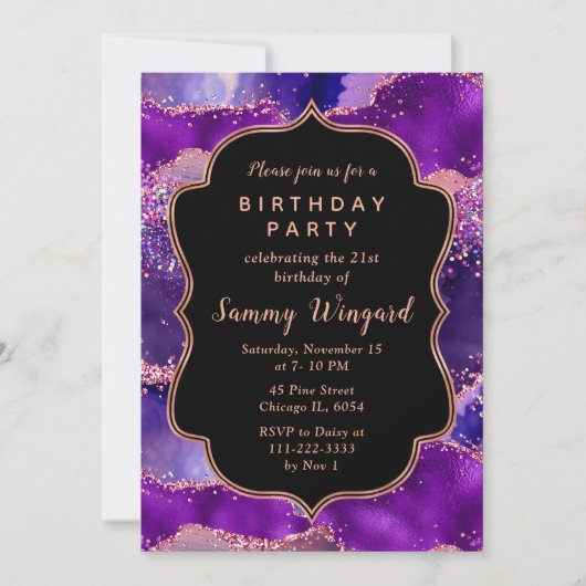 ダークパープルとピンクシークンズアゲート誕生日 招待状 (正面)
