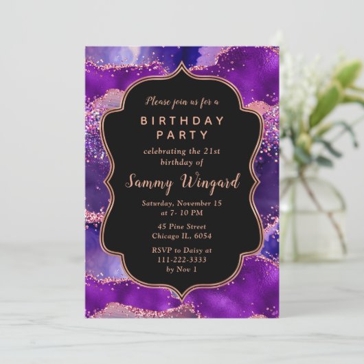 ダークパープルとピンクシークンズアゲート誕生日 招待状 (スタンド正面)