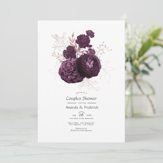 ダークパープルとローズゴールドの花柄 カップルシャワー 招待状 (スタンド正面)