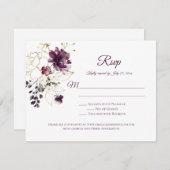 ダークパープルと金ゴールドアウトラインバラホワイトバックRSVP 出欠カード (正面/裏面)