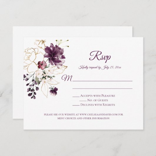 ダークパープルと金ゴールドアウトラインバラホワイトバックRSVP 出欠カード (正面/裏面)
