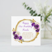 ダークパープルと金ゴールドエレガントフラワーバースデーパーティー カード (スタンド正面)