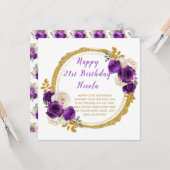 ダークパープルと金ゴールドエレガントフラワーバースデーパーティー カード (正面/裏面インサイチュ)