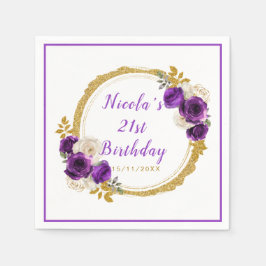 ダークパープルと金ゴールドエレガントフラワーバースデーパーティー スタンダードカクテルナプキン
