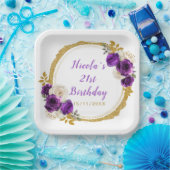 ダークパープルと金ゴールドエレガントフラワーバースデーパーティー ペーパープレート (パーティー)