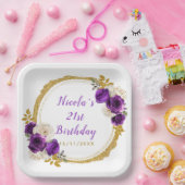 ダークパープルと金ゴールドエレガントフラワーバースデーパーティー ペーパープレート (パーティー)