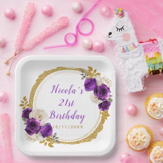 ダークパープルと金ゴールドエレガントフラワーバースデーパーティー ペーパープレート (パーティー)