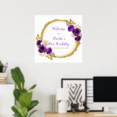 ダークパープルと金ゴールドエレガントフラワーバースデーパーティー ポスター (ホームオフィス)