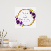 ダークパープルと金ゴールドエレガントフラワーバースデーパーティー ポスター (キッチン)