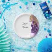 ダークパープルと金ゴールドグリッターのフローラ モダン ペーパープレート (パーティー)