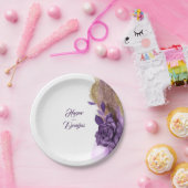 ダークパープルと金ゴールドグリッターのフローラ モダン ペーパープレート (パーティー)