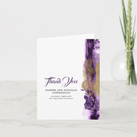 ダークパープルと金ゴールドグリッター結婚の感謝 サンキューカード (正面)