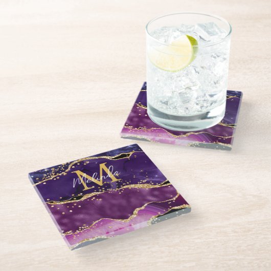 ダークパープルと金ゴールドグリッター続編アゲート ガラスコースター (アングル)