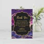 ダークパープルと金ゴールドシークンズアガテ誕生日 サンキューカード (スタンド正面)