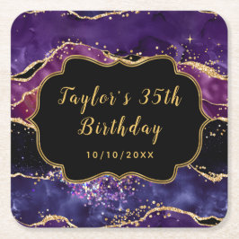 ダークパープルと金ゴールドシークンズアガテ誕生日 スクエアペーパーコースター
