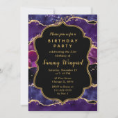 ダークパープルと金ゴールドシークンズアガテ誕生日 招待状 (正面)