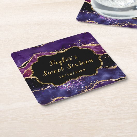 ダークパープルと金ゴールドシークンズアガートSweet sixteen スクエアペーパーコースター (アングル)