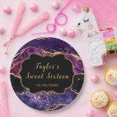 ダークパープルと金ゴールドシークンズアガートSweet sixteen ペーパープレート (パーティー)