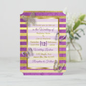 ダークパープルと金ゴールドバタフライ結婚式招待状 招待状 (スタンド正面)