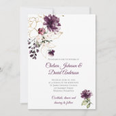 ダークパープルと金ゴールドフローラ冬の結婚式 招待状 (正面)