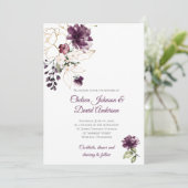 ダークパープルと金ゴールドフローラ冬の結婚式 招待状 (スタンド正面)