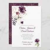 ダークパープルと金ゴールドフローラ冬の結婚式 招待状 (正面/裏面)