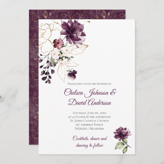 ダークパープルと金ゴールドフローラ冬の結婚式 招待状 (正面/裏面)