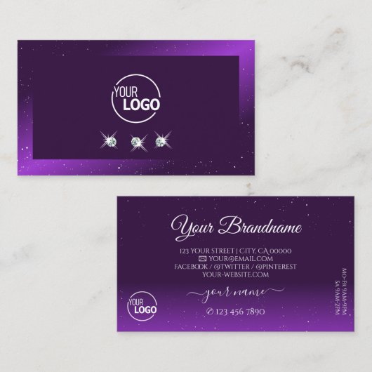 ダークパープルの目を引くスパークルダイヤモンド追加ロゴ 名刺 (正面/裏面)