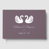 ダークパープルの背景に銀箔のスワン ウェディング ゲストブック (正面)