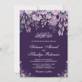 ダークパープルの花と葉のイスラム教・ムスリムの結婚式 招待状 (正面)